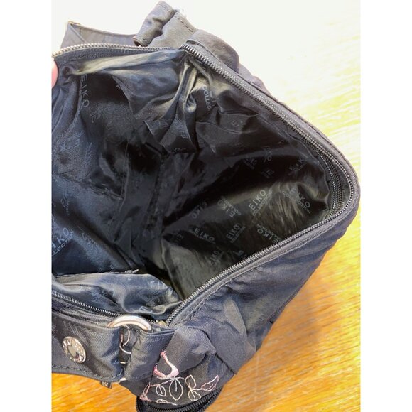 Black Floral Embroidered Shoulder Bag With Multiple Zipper Pockets & Adjustable - Picture 5 of 5